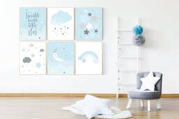 Blue Gray Nursery Prints Moon, Stars, Cloud Wall Art - thumbnail 1