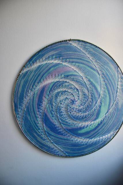 Fiber Art Wall Hanging, Knitted Textile Home Decor - Blue & Purple Swirl - image 1