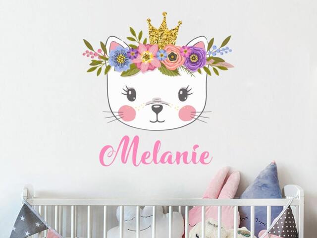 Cat Name Wall Decal. Watercolor Head Girl Sticker. Baby Nursery Vinyl Decals. Princess Decor R91 - image 1