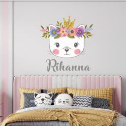 Cat Name Wall Decal. Watercolor Head Girl Sticker. Baby Nursery Vinyl Decals. Princess Decor R91 - thumbnail 3