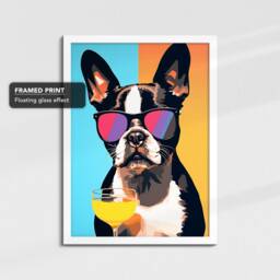 Vibrant Boston Terrier Drink With Glasses Painting Framed Poster Print & Canvas Wall Decor Art Bedroom Home Interior Dog Lover Gift - thumbnail 3
