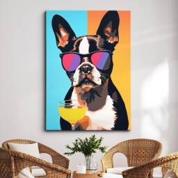 Vibrant Boston Terrier Drink With Glasses Painting Framed Poster Print & Canvas Wall Decor Art Bedroom Home Interior Dog Lover Gift