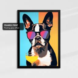 Vibrant Boston Terrier Drink With Glasses Painting Framed Poster Print & Canvas Wall Decor Art Bedroom Home Interior Dog Lover Gift - thumbnail 2
