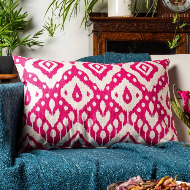 Moroccan Kilim Print Xl Rectangular Cushion in Bright Pink. Traditional Geometric Design Of Turkish Style Diamonds. 23X15 - image 1