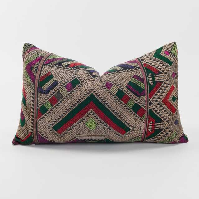 Vintage Tai Lu Hill Tribe Pillow Cover - Embroidered Silk & Cotton Lumbar Cushion - image 1