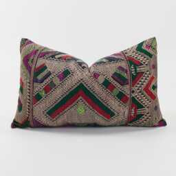 Vintage Tai Lu Hill Tribe Pillow Cover - Embroidered Silk & Cotton Lumbar Cushion - thumbnail 1