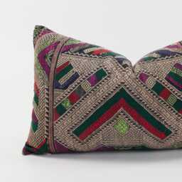 Vintage Tai Lu Hill Tribe Pillow Cover - Embroidered Silk & Cotton Lumbar Cushion - thumbnail 2