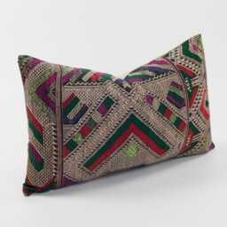 Vintage Tai Lu Hill Tribe Pillow Cover - Embroidered Silk & Cotton Lumbar Cushion - thumbnail 3