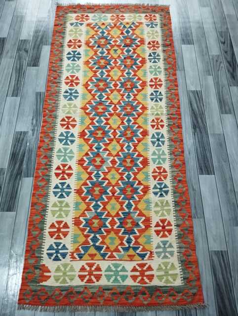 Multicolour Runner Rug, Handmade Artisan Afghan Turkish Scandinavian Navajo Bohemian Flatweave Wool Kilim Rug 220x92 cm - image 1
