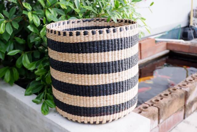 Handmade Water Hyacinth Basket Striped Plant Pot, Laundry Organizer - image 1
