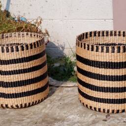 Handmade Water Hyacinth Basket Striped Plant Pot, Laundry Organizer - thumbnail 3