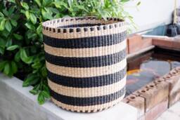 Handmade Water Hyacinth Basket Striped Plant Pot, Laundry Organizer - thumbnail 1