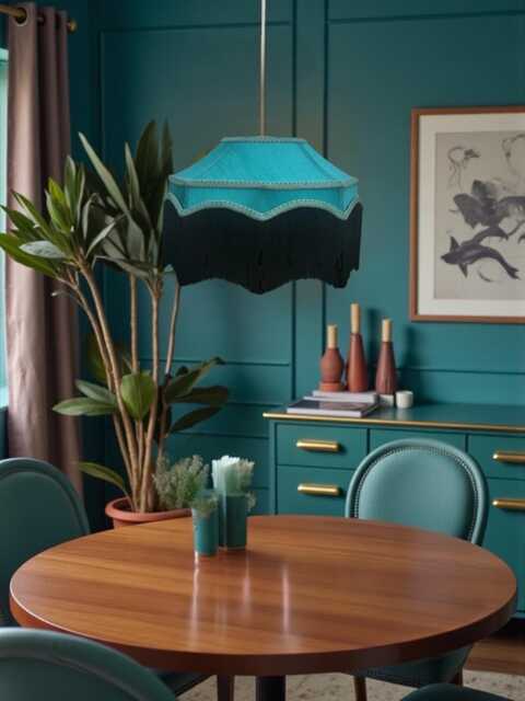 Bespoke Handmade Teal Blue Fabric Pendant Lampshades Ceiling Lights, Chandeliers, Downton Abbey Style, Black Fringe - image 1
