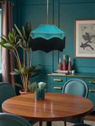 Bespoke Handmade Teal Blue Fabric Pendant Lampshades Ceiling Lights, Chandeliers, Downton Abbey Style, Black Fringe - thumbnail 1