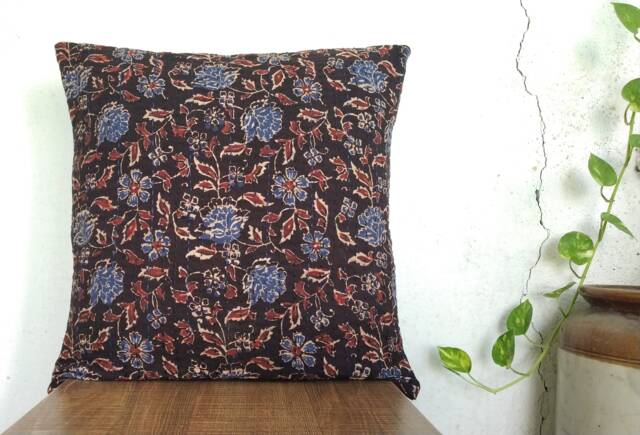 Black Kantha Pillow Cover, Kalamkari Print Indigo N Black Floral Kantha Cushion Cover - image 1