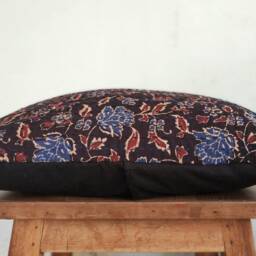 Black Kantha Pillow Cover, Kalamkari Print Indigo N Black Floral Kantha Cushion Cover - thumbnail 2
