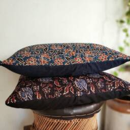 Black Kantha Pillow Cover, Kalamkari Print Indigo N Black Floral Kantha Cushion Cover - thumbnail 3