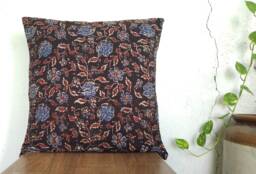 Black Kantha Pillow Cover, Kalamkari Print Indigo N Black Floral Kantha Cushion Cover - thumbnail 1