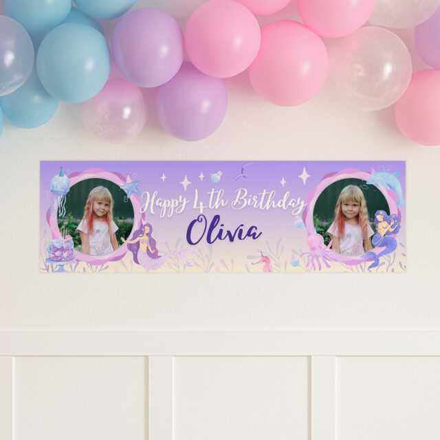 Personalised Mermaid Birthday Banner For Girls - Custom Name, Age & Photo - Under The Sea Theme Party Decoration, Decor Kids - image 1