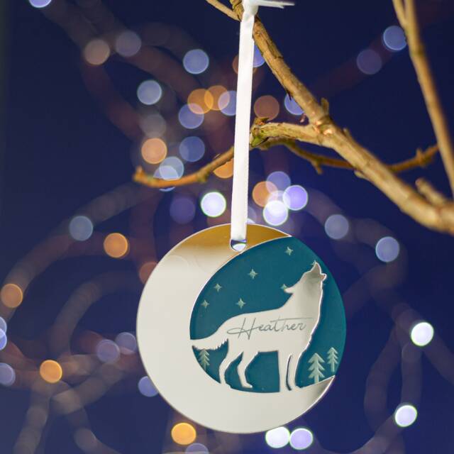 starry Wolf Mirror Personalised Christmas Decoration-Wooden Tree Decoration-Personalized Ornament - image 1