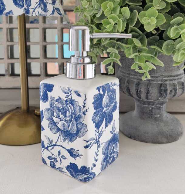 Lovely Dark Blue Rambling Rose Toile Decoupaged Ceramic Soap Dispenser.hand Decorated - image 1