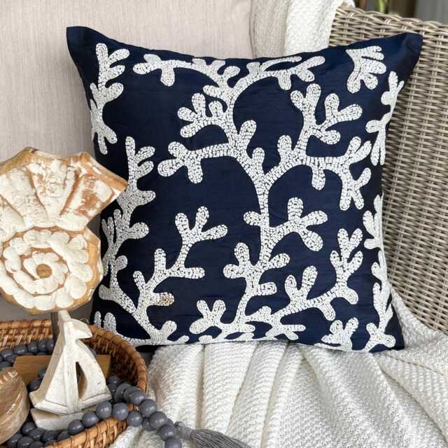 "Navy Blue Art Silk Beaded Sea Creature Pattern Throw Pillow Cover, 16""x16" - image 1