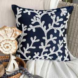 "Navy Blue Art Silk Beaded Sea Creature Pattern Throw Pillow Cover, 16""x16"