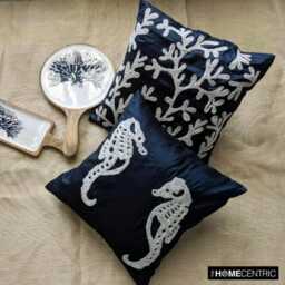 "Navy Blue Art Silk Beaded Sea Creature Pattern Throw Pillow Cover, 16""x16" - thumbnail 3
