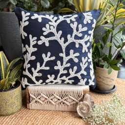 "Navy Blue Art Silk Beaded Sea Creature Pattern Throw Pillow Cover, 16""x16" - thumbnail 2