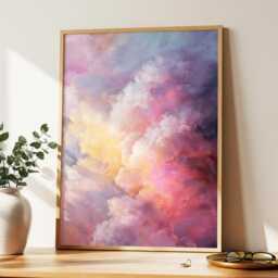 Sunset Cloud Wall Art Dreamy Pink & Yellow Painting Cloudscape Large Room Decor Framed Nursery Moon Poster Print - thumbnail 1