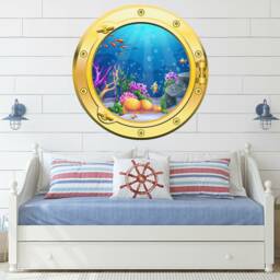 Large Animated Sea Ocean Underwater Fish Port Hole Silver Or Gold Porthole Round Gloss Cut Wall Sticker Decal Adhesive - thumbnail 2