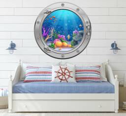 Large Animated Sea Ocean Underwater Fish Port Hole Silver Or Gold Porthole Round Gloss Cut Wall Sticker Decal Adhesive