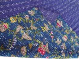Blue Floral Kantha Quilt, Indian Handmade Bedspread, Queen Size - thumbnail 1