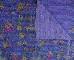 Blue Floral Kantha Quilt, Indian Handmade Bedspread, Queen Size - thumbnail 2