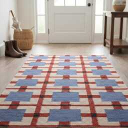Handmade Scandinavian Kilim Runner Rug, Geometric Red, Blue & Beige Wool Carpet - thumbnail 3