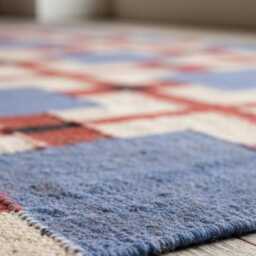 Handmade Scandinavian Kilim Runner Rug, Geometric Red, Blue & Beige Wool Carpet - thumbnail 4
