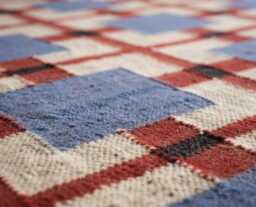 Handmade Scandinavian Kilim Runner Rug, Geometric Red, Blue & Beige Wool Carpet - thumbnail 1