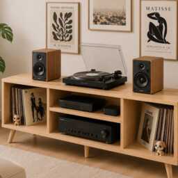 Scandinavian Solid Wood Record Player Stand - Vinyl Storage Cabinet Hi-Fi Media Console Tv Unit Lp - thumbnail 2