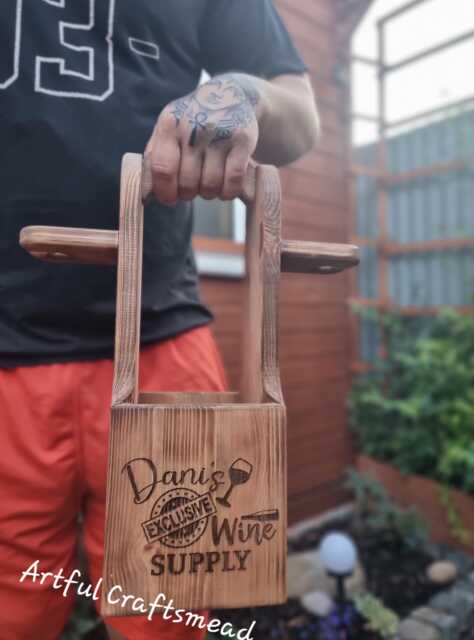 Personalized Wooden Wine & Glass Holder - Solid Wood Caddy Engraved Gift For Him Or Her Rustic Carrier - image 1