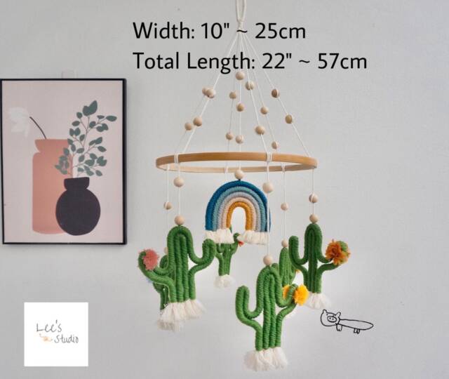 Handmade Cactus Crib Mobile Macrame Rainbow, Green Nursery Decor - image 1