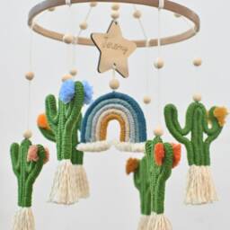 Handmade Cactus Crib Mobile Macrame Rainbow, Green Nursery Decor - thumbnail 3