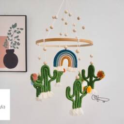 Handmade Cactus Crib Mobile Macrame Rainbow, Green Nursery Decor - thumbnail 2