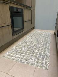 Vinyl Floor Mat in Spanish Tile Design, Kitchen Runner Rug, Green Linoleum Mat, Patterned PVC Bathroom & Hallway Rug - Seville