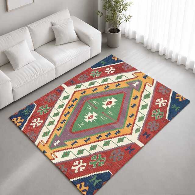 Traditional Multicolour Kilim Diamond Medallion Rug Non-Slip Soft Area Carpet Bedroom Living Room Hallway Mat Decor - Made in UK - image 1