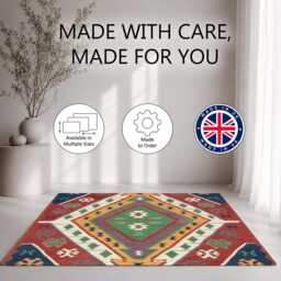 Traditional Multicolour Kilim Diamond Medallion Rug Non-Slip Soft Area Carpet Bedroom Living Room Hallway Mat Decor - Made in UK - thumbnail 2