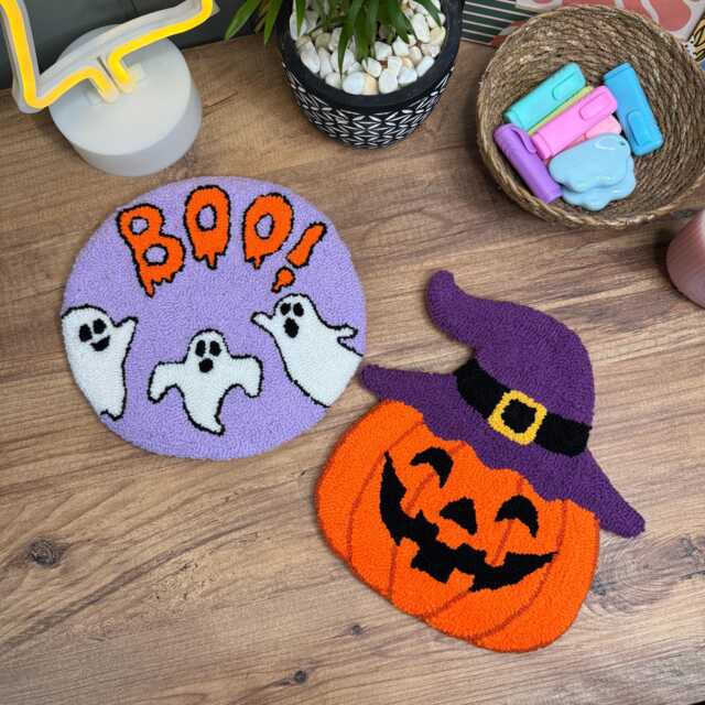Punch Needle Halloween Wall Hanging - Tufted Ghost & Pumpkin Art Spooky Boho Home Decor Handmade Fall Gift - image 1