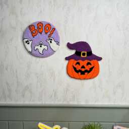 Punch Needle Halloween Wall Hanging - Tufted Ghost & Pumpkin Art Spooky Boho Home Decor Handmade Fall Gift - thumbnail 2