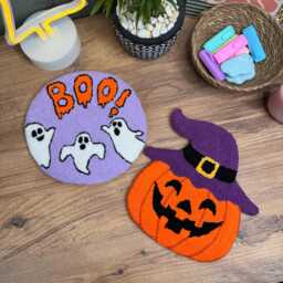 Punch Needle Halloween Wall Hanging - Tufted Ghost & Pumpkin Art Spooky Boho Home Decor Handmade Fall Gift - thumbnail 1