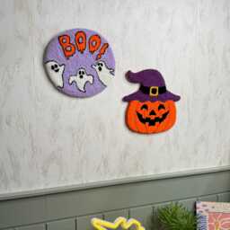 Punch Needle Halloween Wall Hanging - Tufted Ghost & Pumpkin Art Spooky Boho Home Decor Handmade Fall Gift - thumbnail 3