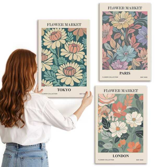 Canvas Set Of 3 - Flower Posters Tokyo Paris London, Green Wall Art Print, Plants & Flowers Decor - image 1